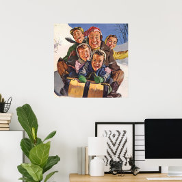 Vintage jul, Lycklig Family Toboggan Sledding Poster