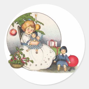 Vintage jul, lycklig flicka som leker med dockor runt klistermärke