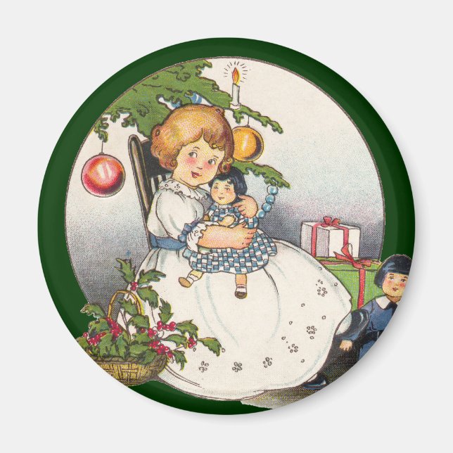Vintage jul, Lycklig Girl spelar med Dolls Magnet (Framsidan)