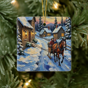 Vintage jul med häst och släde i snö julgransprydnad keramik