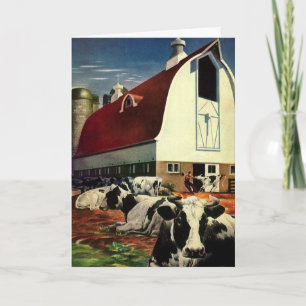 Vintage jul, mjölkkor med Barn på en gård Helgkort