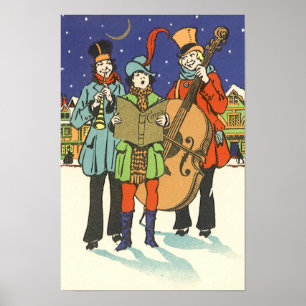 Vintage jul, musikers Caroling med Music Poster