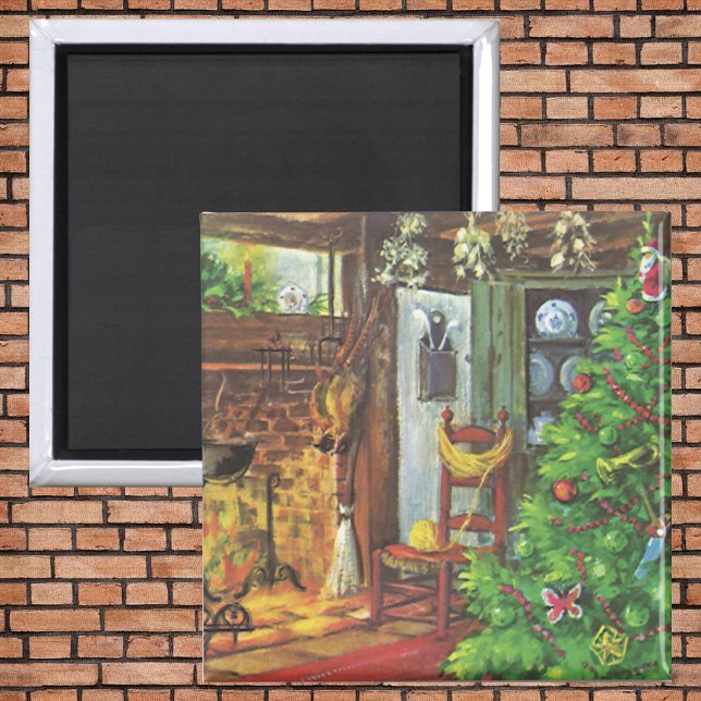 Vintage jul, mysig stuga med öppen spis magnet (Skapare uppladdad)