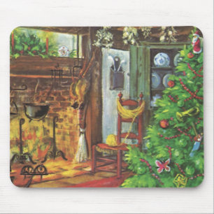 Vintage jul, mysig stuga med öppen spis musmatta