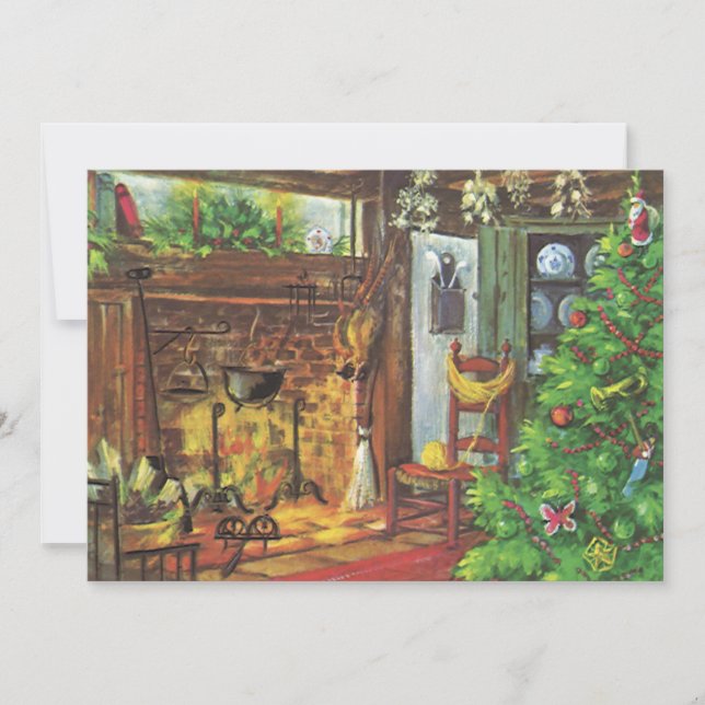 Vintage jul, Mysigt loggskåp med Fireplace Julkort (Framsida)