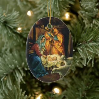 Vintage jul Natiativitet, Baby Jesus i Manger Julgransprydnad Keramik