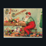 Vintage jul på jultomtens workshop helg vykort<br><div class="desc">Vintage illustration av tomten på hans workshop.</div>