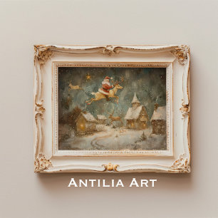 Vintage jul Painting Jultomten & Reindeer Poster