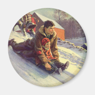 Vintage jul, pappa och dotter åker släde magnet