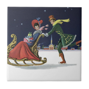 Vintage jul, par i Kärlek Ice Skating Kakelplatta