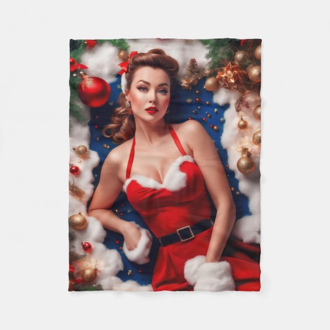 Vintage jul Pinup Tomte Kvinna Fleecefilt (Framsidan)