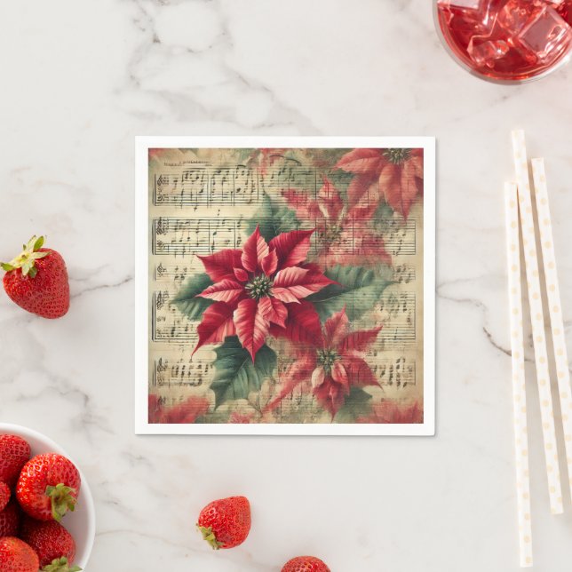 Vintage jul Poinsettia Lakan Music Decoupage Pappersservett (Insitu)