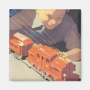 Vintage jul, pojke som leker med leksakståg magnet