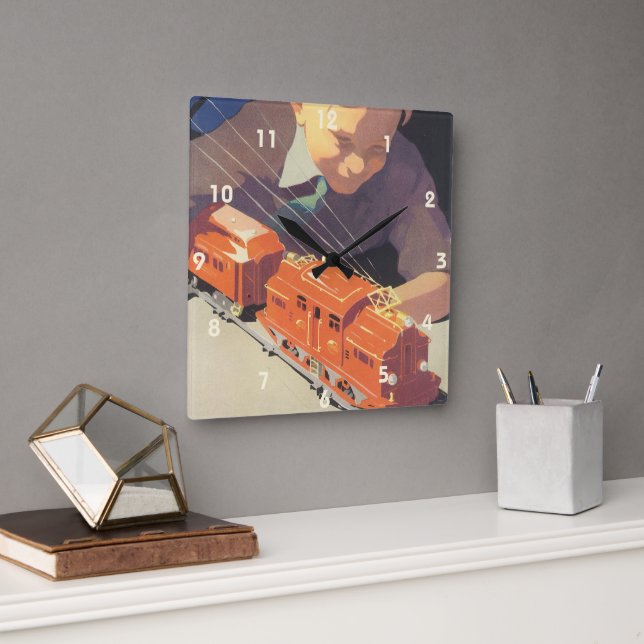 Vintage jul, pojken spelar med Leksaker Tåg Fyrkantig Klocka (Kontor)