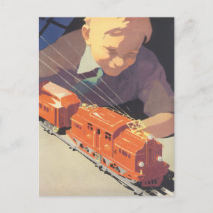Vintage jul, pojken spelar med Leksaker Tåg Helg Vykort