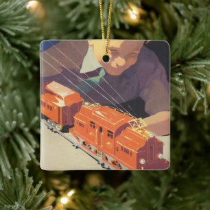 Vintage jul, pojken spelar med Leksaker Tåg Julgransprydnad Keramik