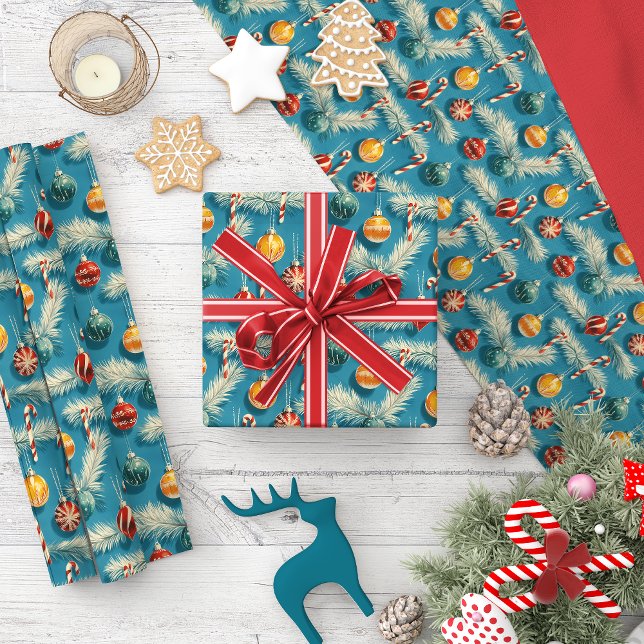 Vintage-jul: Polkagrisar och prydnadsföremål Presentpapper (Skapare uppladdad)