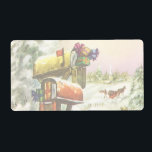 Vintage jul, postlådor i vinterlandskap fraktsedel<br><div class="desc">Bilden av vintagen Victorian Era God jul helgdag med ett snöskum med brevlådor fyllda med snö fyllda med julpost och presenter på vintern. En hästdragen vagn kör ner snögatan med träd och en skog på sidan. Glad helg och Season hälsningar!</div>