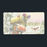 Vintage jul, postlådor i vinterlandskap fraktsedel<br><div class="desc">Bilden av vintagen Victorian Era God jul helgdag med ett snöskum med brevlådor fyllda med snö fyllda med julpost och presenter på vintern. En hästdragen vagn kör ner snögatan med träd och en skog på sidan. Glad helg och Season hälsningar!</div>