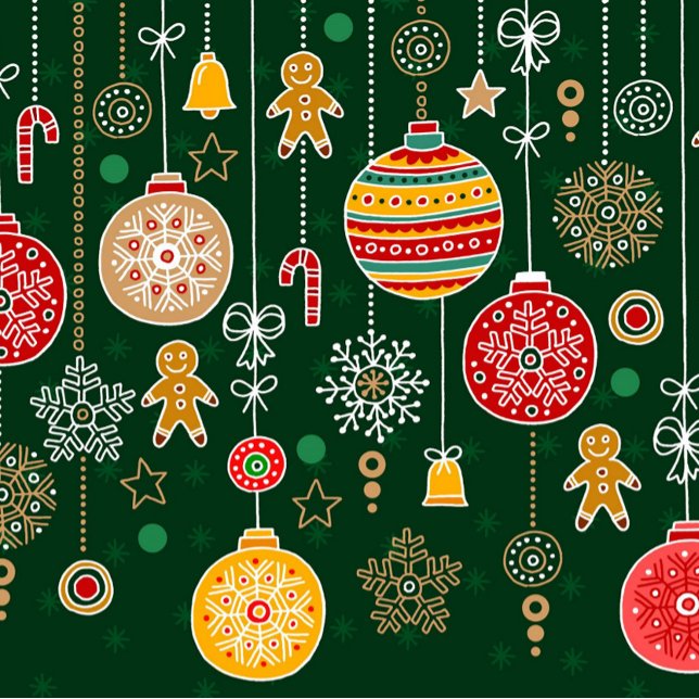 Vintage jul presentpapper (A festive seamless pattern on a dark green background, featuring a variety of Christmas-themed.)