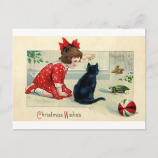 Vintage jul Print Girl and Cat Helg Vykort