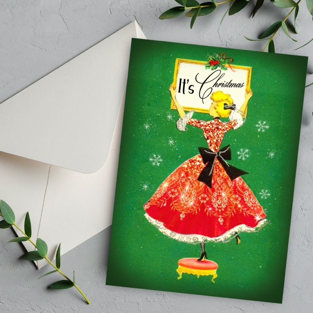 Vintage jul ram grönt röd glitter-flicka inbjudningar (Skapare uppladdad)