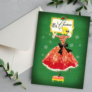 Vintage jul ram grönt röd glitter-flicka julkort