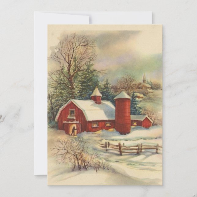 Vintage jul Red Barn Julkort (Framsida)