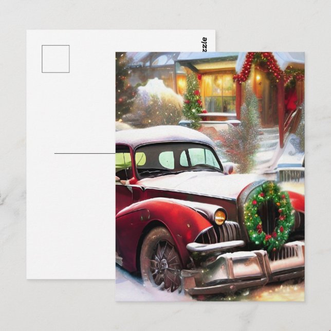Vintage jul Red Car i Snö Vykort (Fram/baksida)