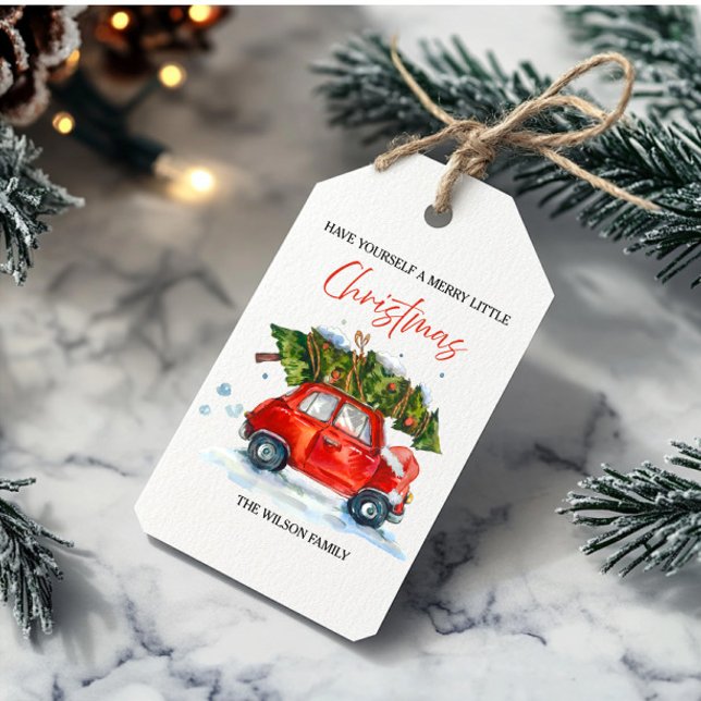 Vintage jul Red Car & Träd Presentetikett (Skapare uppladdad)