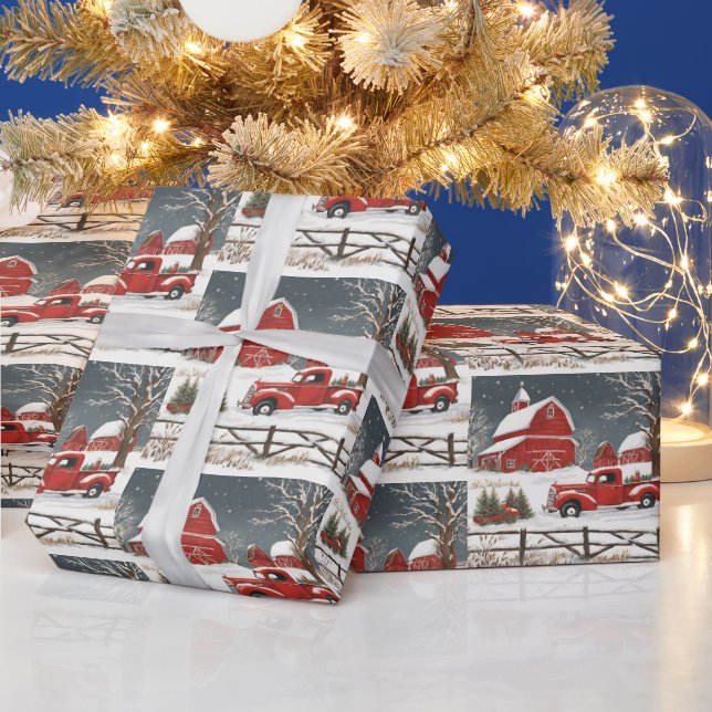 Vintage jul Red Lastbil, Barn, Landsbygden Presentpapper (Helgdagar)