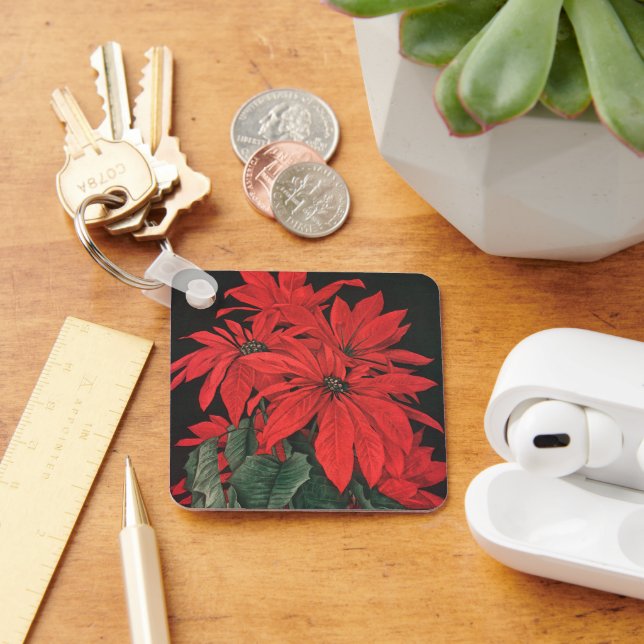 Vintage jul Red Poinsettia Plants Flowers Nyckelring (Skrivbord)