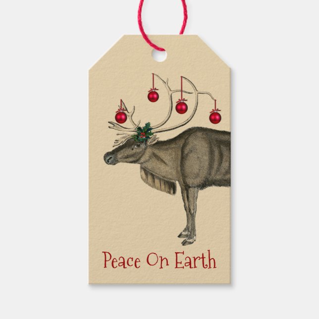 Vintage jul Reindeer Peace on Earth Presentetikett (Framsidan)