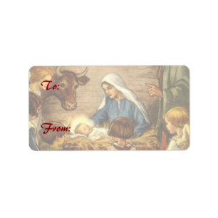 Vintage jul, Religiösa Nativitet w Baby Jesus Adressetikett