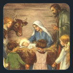 Vintage jul, Religiösa Nativitet w Baby Jesus Fyrkantigt Klistermärke<br><div class="desc">Vintagen illustrerar religiösans julbild med en vacker,  klassisk helgdag-familjscen med Mary,  Joseph och den unge Jesus Kristus i mangaren i Betlehem. En kristen religionscen med barn samlades i händer kring pojke.</div>