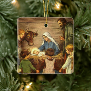 Vintage jul, Religiösa Nativitet w Baby Jesus Julgransprydnad Keramik
