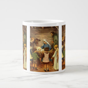 Vintage jul, Religiösa Nativitet w Baby Jesus Jumbo Mugg
