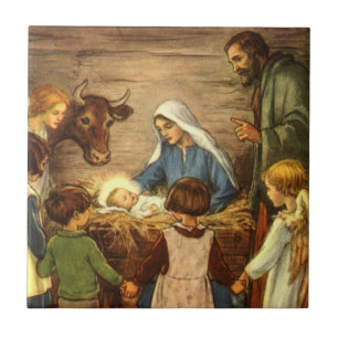 Vintage jul, Religiösa Nativitet w Baby Jesus Kakelplatta