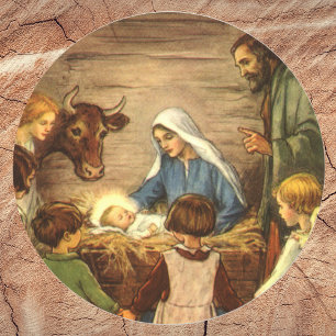 Vintage jul, Religiösa Nativitet w Baby Jesus Runt Klistermärke
