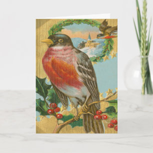 Vintage jul Robin Helgdag Holly Berries Helgkort