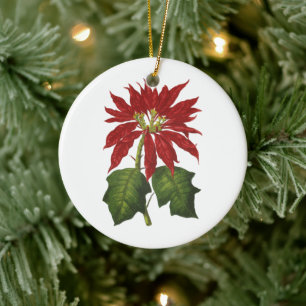 Vintage jul, röd julstjärna vinterväxt julgransprydnad keramik