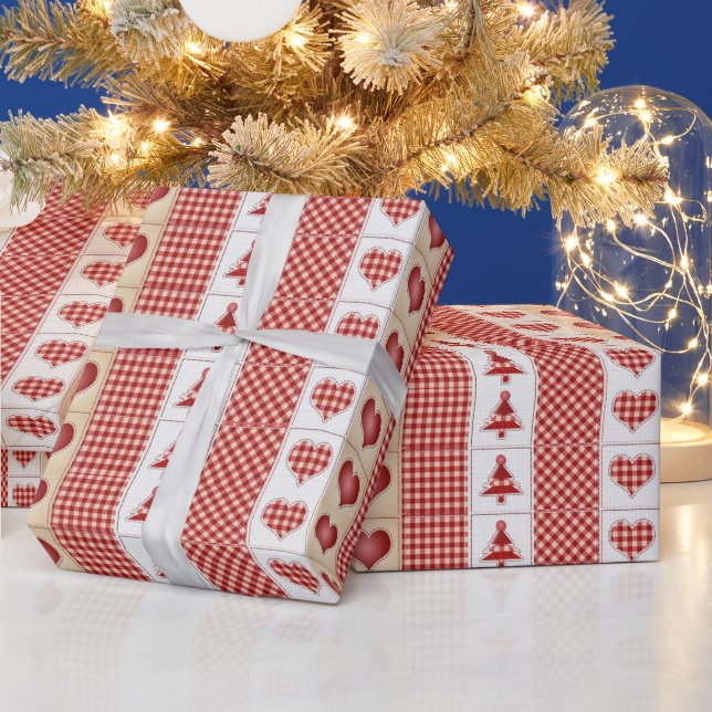 Vintage, jul, rödcheck, Land Hearts Presentpapper (Helgdagar)