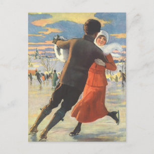 Vintage jul, romantisk par som åker isskridsko helg vykort