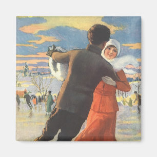 Vintage jul, romantisk par som åker isskridsko magnet