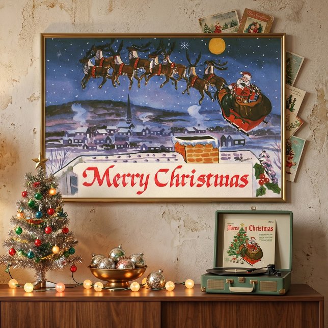Vintage jul Santa Claus flyger sin släde Poster (Vintage image featuring Santa Claus with his reindeer and sleigh delivering toys on Christmas Eve. )