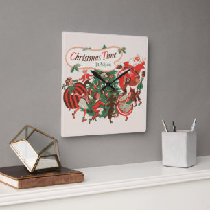 Vintage jul Santa Claus och dansande barn Fyrkantig Klocka