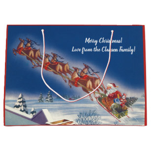 Vintage jul, Santa Flies Sleigh w Reindeer