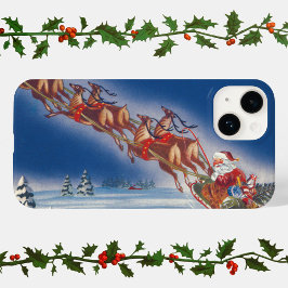 Vintage jul, Santa Flies Sleigh w Reindeer