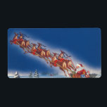 Vintage jul, Santa Flies Sleigh w Reindeer Fraktsedel<br><div class="desc">Vintagen illustrerar bilden av God jul helgdag med ett gult Jultomten med renarna. De flyger sin fullt i leksaker genom blå himmel och över en sovande stad täckt med snö på vintern vid jul Kväll. Ho,  ho,  Glad helg och Season hälsningar!</div>