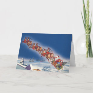 Vintage jul, Santa Flies Sleigh w Reindeer Helgkort